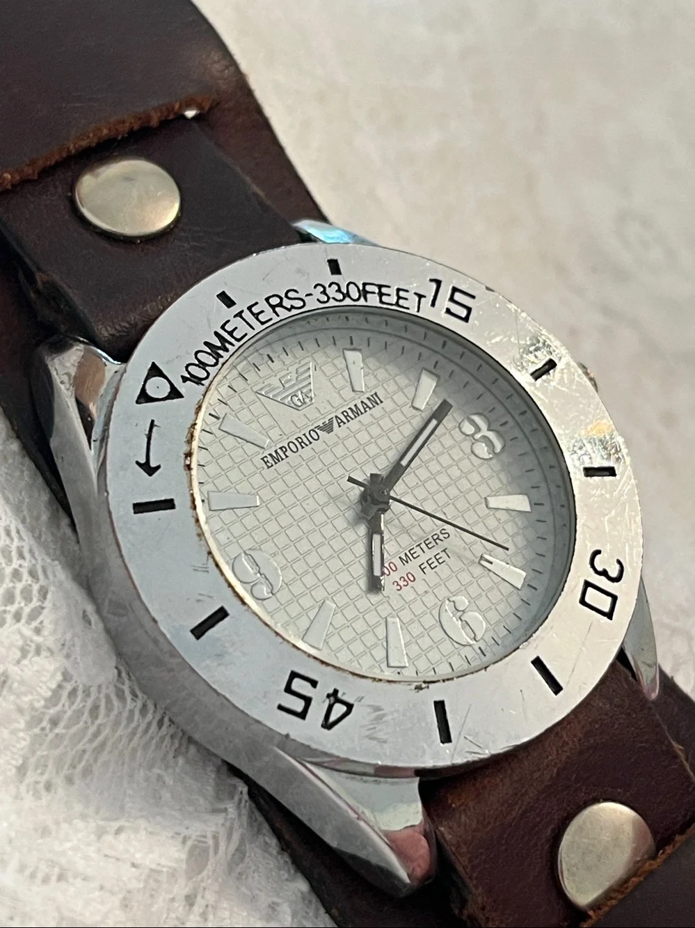 Emporio Armani Silver Dial Watch with Brown Leather Strap